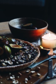 Roasted hazelnut and chocolate ganache tart, caramelised figs